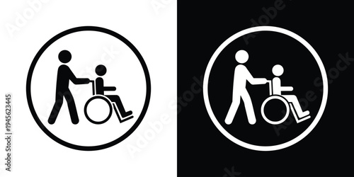 Circular wheelchair help symbol set. Thin outline circle enclosing a caregiver and disabled person icon. Professional vector design for hospital wayfinding and inclusive service markers.