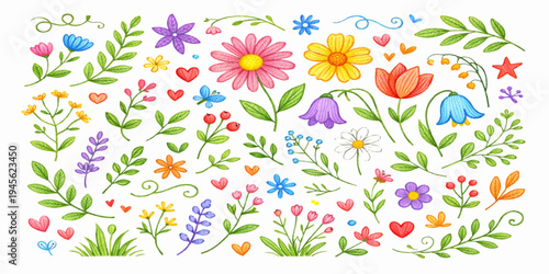 Seamless pattern of spring flowers and blooming daisies with colorful butterflies and green leaves in a beautiful garden floral vector illustration art for nature background decoration design