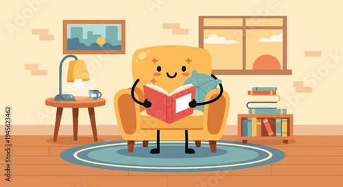 Cozy Armchair Character Reading Book with Happy Expression in Warm Living Room