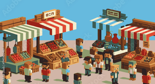 Isometric Market Scene with Vendors and Customers.