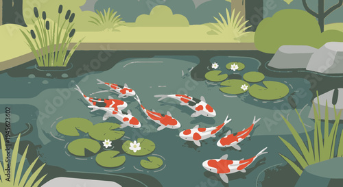 Koi Fish Swimming in Pond Illustration.