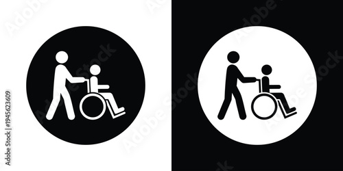 Solid round disability support icons. Patient in wheelchair with assistant inside a filled circle. Bold, flat vector style ideal for UI design, transportation signs, and nursing home labels.