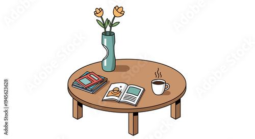 Cozy Coffee Table Scene with Magazines and Flowers