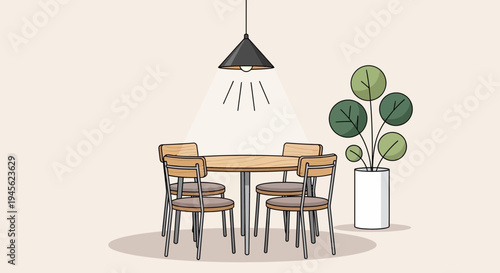 Cozy Dining Area Illustration with Wooden Table, Chairs, and Potted Plant