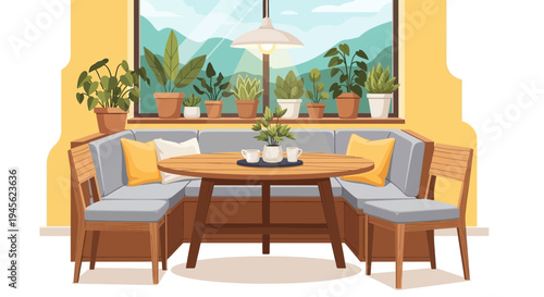 Cozy Dining Nook with Botanical Decor and Scenic Window View