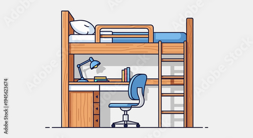 Cozy Dorm Room Bunk Bed with Desk and Chair Illustration