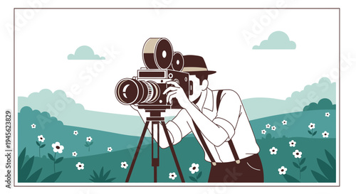 Cinematographer Filming Nature Landscape with Vintage Camera on Tripod