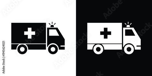 Ambulance emergency truck icon set. Vector silhouette of a medical response vehicle with siren. High-contrast graphics for first aid, hospital transport, and urgent care signage.