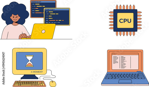 Programming illustration, coding laptop, CPU chip, desktop computer, software development, digital technology concept