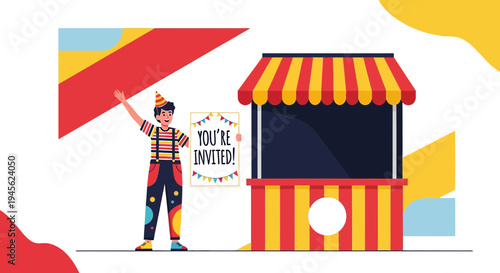 Clown Inviting to Carnival Booth with "You're Invited" Sign