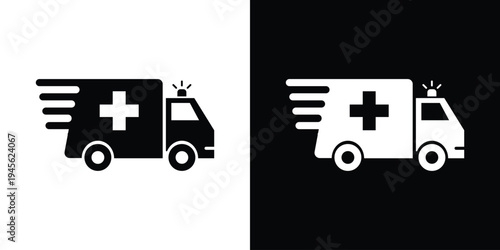 Ambulance emergency truck icon set. Vector silhouette of a medical response vehicle with siren. High-contrast graphics for first aid, hospital transport, and urgent care signage.