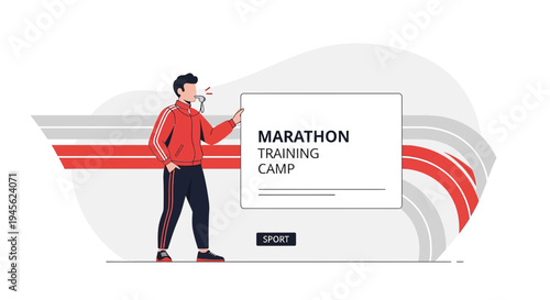 Coach blowing whistle at marathon training camp, directing athletes