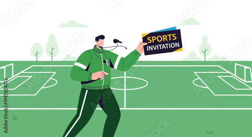 Coach Holding Sports Invitation Card on Soccer Field