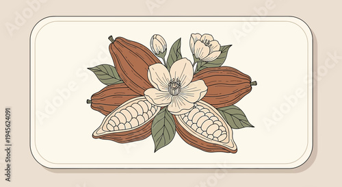 Cocoa Pods with Flowers and Leaves - Hand-Drawn Botanical Illustration