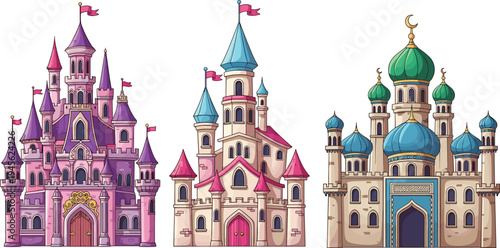 Fantasy fairytale castles and palace architecture set with colorful towers, domes and royal buildings, cartoon medieval kingdom vector illustration isolated on white background