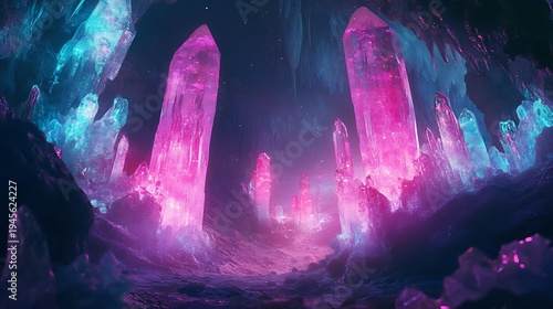Vibrant crystal cave illustration glowing gemstones in fantasy environment