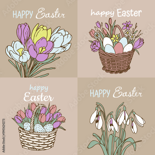 Set of Happy Easter cards on kraft paper, hand-drawn, flowers tulips, snowdrops, primroses and eggs