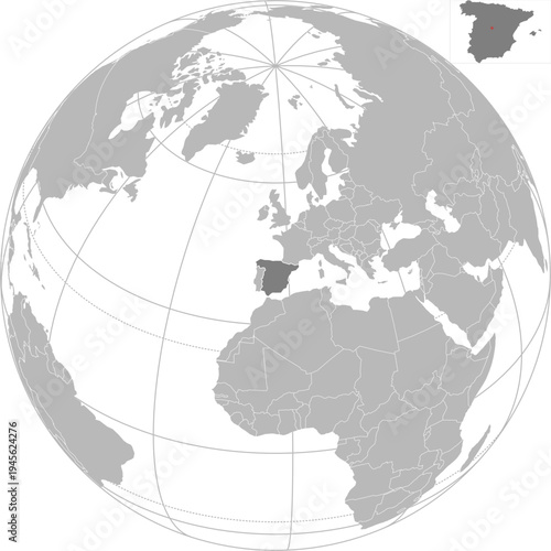 World vector map with country boundaries and graticules (Spain-centered view, orthographic projection, PPT-compatible & fully editable)