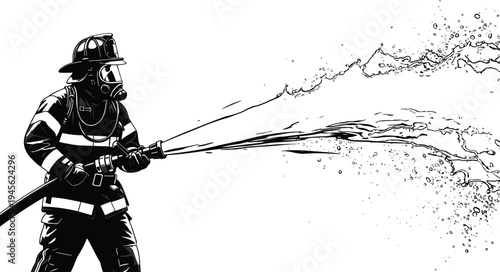 Firefighter spraying water from hose during firefighting operation, emergency rescue worker in protective gear controlling fire with high pressure stream vector illustration