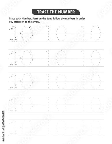 Number 10 Tracing Worksheet for Preschool and Kindergarten Math Practice