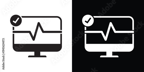 Telemedicine laptop icon with heartbeat EKG. Digital health monitoring symbol with a checkmark. Vector graphic for online medical consultation and remote patient diagnostic tools.