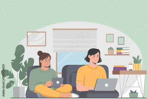 Two women working remotely on laptops in a cozy home office setting