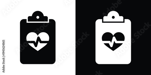 Cardiology medical report icon. Clipboard with heart shape and pulse EKG line. Vector illustration for heart health checkups, fitness tracking, and cardiovascular diagnostic data.