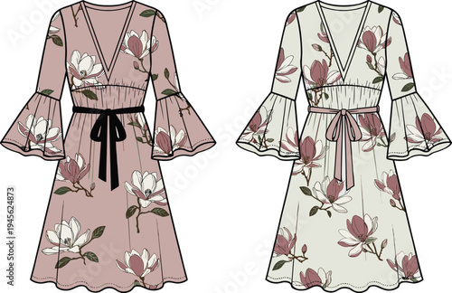 Floral wrap dress collection with magnolia pattern, elegant women fashion apparel set, long sleeve belted midi dresses vector illustration isolated on white