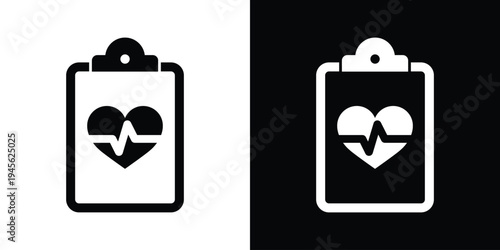 Cardiology medical report icon. Clipboard with heart shape and pulse EKG line. Vector illustration for heart health checkups, fitness tracking, and cardiovascular diagnostic data.