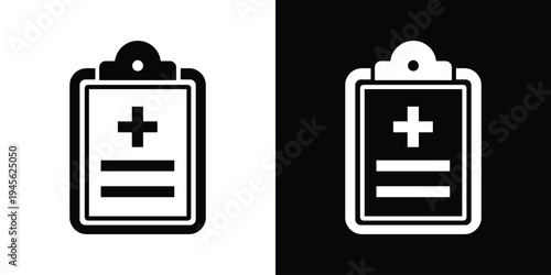 Medical prescription clipboard icon. Vector illustration of a medical report with a cross symbol. Black and white flat design for healthcare apps and clinical documentation.