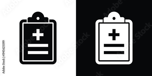 Medical prescription clipboard icon. Vector illustration of a medical report with a cross symbol. Black and white flat design for healthcare apps and clinical documentation.