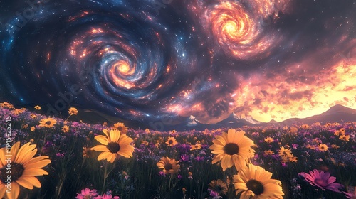 Vibrant field of sunflowers under a swirling galaxy sky artistic fantasy scene