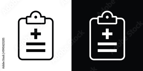 Medical prescription clipboard icon. Vector illustration of a medical report with a cross symbol. Black and white flat design for healthcare apps and clinical documentation.