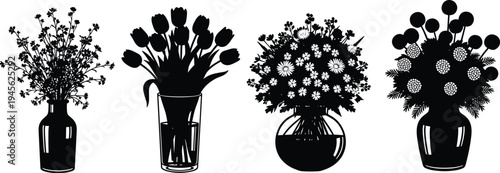 Flower bouquet silhouettes in vases collection, decorative floral arrangements with tulips and wildflowers, elegant botanical vector illustration set isolated on white background