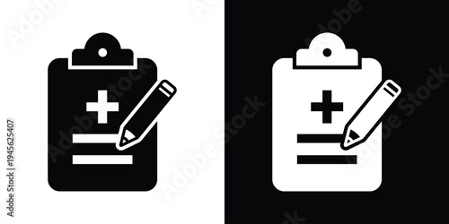 Edit medical report icon. Clipboard with medical cross and pencil symbol. Vector graphic for writing prescriptions, updating health records, and clinical data entry.