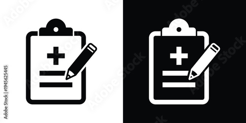 Edit medical report icon. Clipboard with medical cross and pencil symbol. Vector graphic for writing prescriptions, updating health records, and clinical data entry.