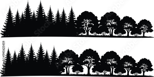 Forest tree silhouettes landscape with pine and deciduous woodland scenery, natural outdoor environment panorama vector illustration set isolated on white background