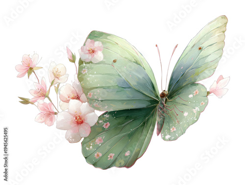 PNG Delicate butterfly with cherry blossoms.