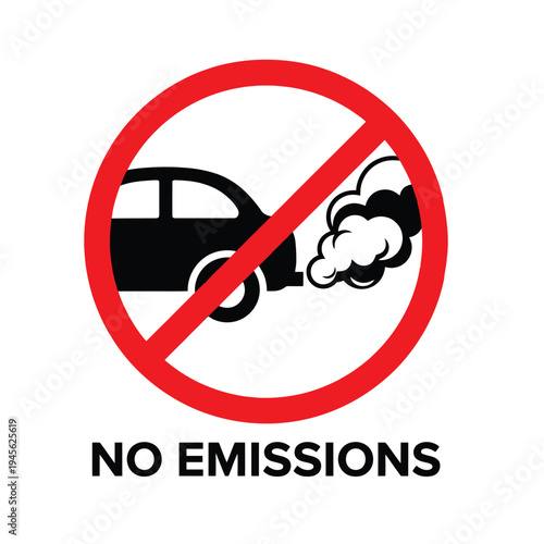 A graphic symbol indicating no car emissions, featuring a black vehicle with exhaust smoke inside a red prohibition sign, with 'NO EMISSIONS' text below.