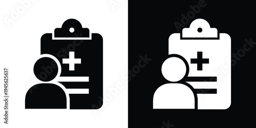 Patient medical record icon. Vector clipboard with medical cross and person silhouette. High-contrast graphic for patient profile, health history, and clinical registration apps.