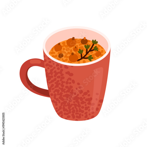 Cup with herbal tea with sea buckthorn. Tea party. Traditional drink. Poster. Healthy and relaxing tea. Vector illustration isolated on white background.