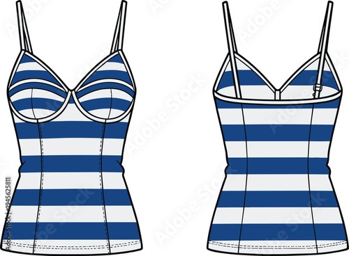 Front and back view illustration of women’s striped camisole top with thin straps, fitted bodice, structured cups, and navy blue fashion garment design