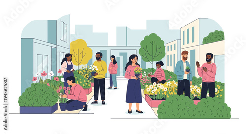 Community Garden Illustration: Diverse People Planting Flowers in Urban Setting