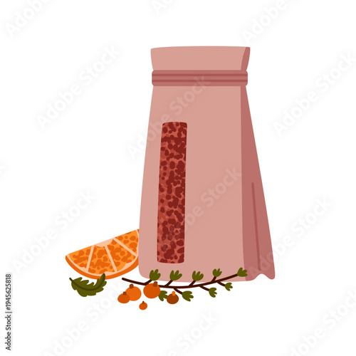 Aromatic hot black tea with green leaves, slices of oranges and berries. Tea time. Traditional drink. Healthy and relaxing tea. Vector illustration isolated on white background.