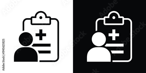 Patient medical record icon. Vector clipboard with medical cross and person silhouette. High-contrast graphic for patient profile, health history, and clinical registration apps.