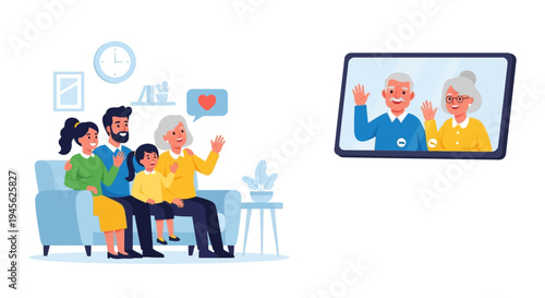 Family Video Call on Tablet Screen.