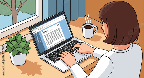 Woman working on laptop computer.