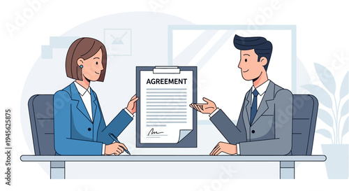 Businessman and businesswoman signing agreement.