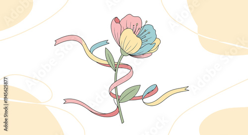 Colorful Abstract Flower with Ribbon - Minimalist Floral Illustration
