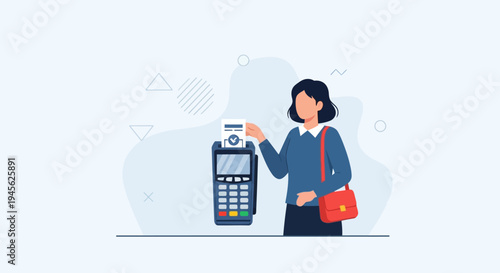 Woman holding credit card reader device.